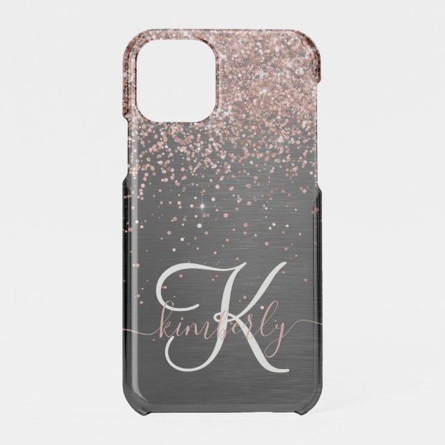 Custom Rose Gold Glitter Black Sparkle Monogram Uncommon iPhone Case (Back)
