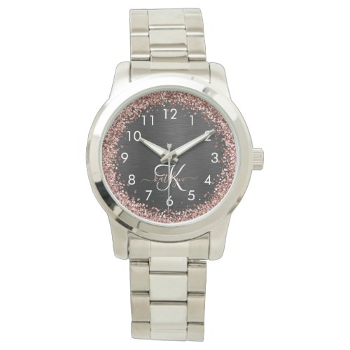 Custom Rose Gold Glitter Black Sparkle Monogram Watch