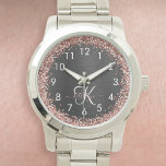 Custom Rose Gold Glitter Black Sparkle Monogram Watch<br><div class="desc">Easily personalize this trendy elegant watch design featuring pretty rose gold sparkling glitter on a black brushed metallic background.</div>