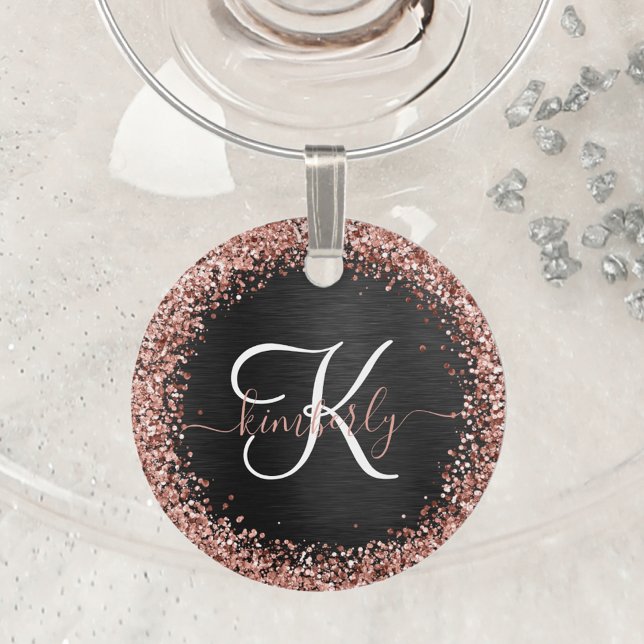 Custom Rose Gold Glitter Black Sparkle Monogram Wine Charm (Creator Uploaded)