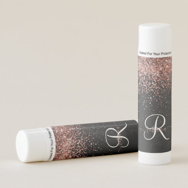 Custom Rose Gold Glitter Black Sparkle Monogramm Lip Balm (Front)