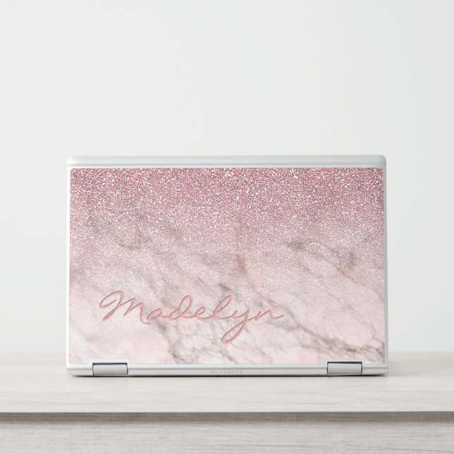 Custom Rose Gold Glitter Blush Pink Marble Pattern HP Laptop Skin (Front)