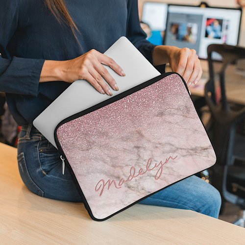 Custom Rose Gold Glitter Blush Pink Marble Pattern Laptop Sleeve