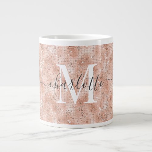 Custom Rose Gold Glitter Checkered Monogram Name Giant Coffee Mug