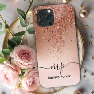 Custom Rose Gold Glitter Drip Monogram iPhone 13 Pro Max Case