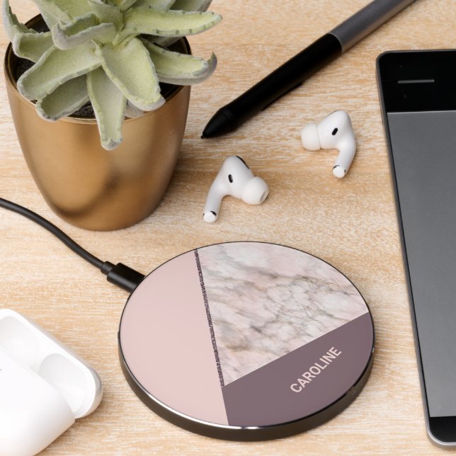 Custom Rose Gold Glitter Dusty Pink Marble Pattern Wireless Charger (Desk 2)