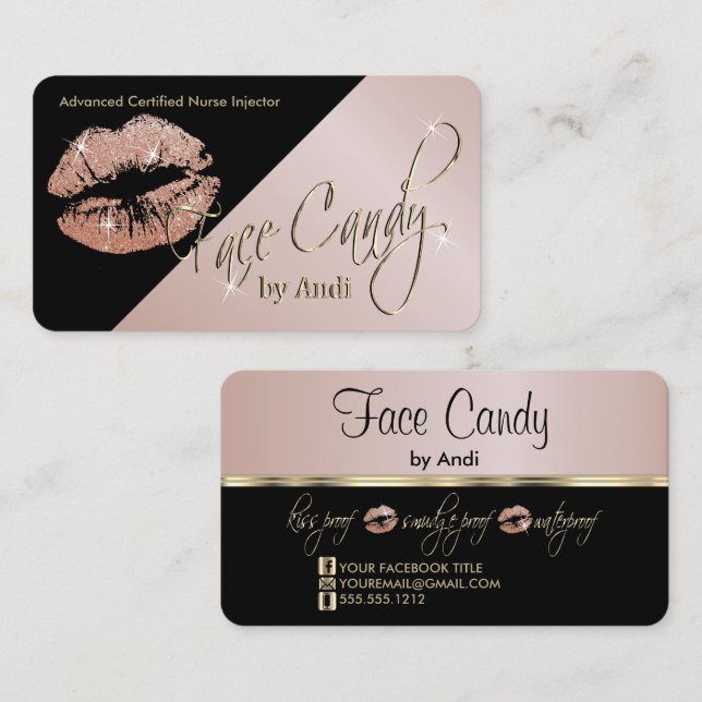 Custom - Rose Gold Glitter Lips on Black Business  Business Card (Front/Back)