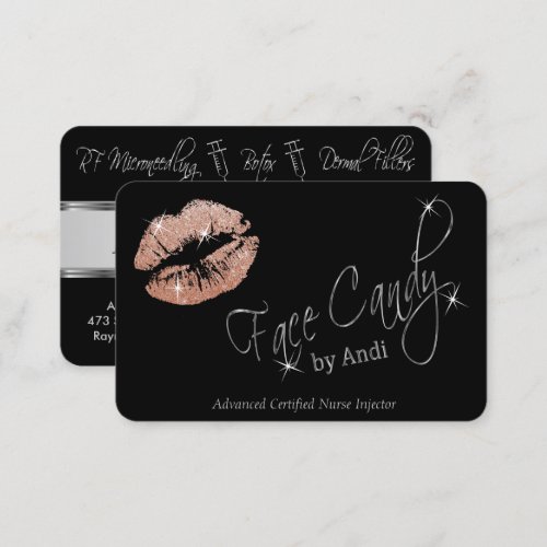 Custom _ Rose Gold Glitter Lips  Silver Black  B Business Card