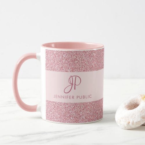 Custom Rose Gold Glitter Look Template Monogram Mug