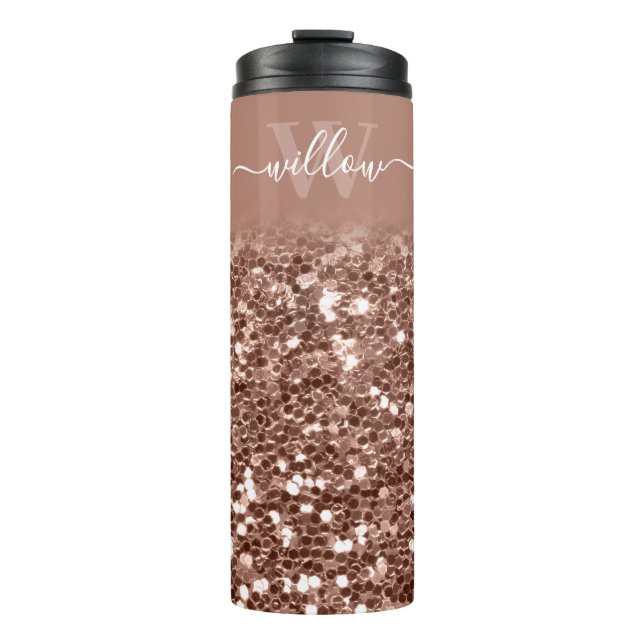 Custom Rose Gold Glitter Monogram Name Thermal Tumbler (Front)