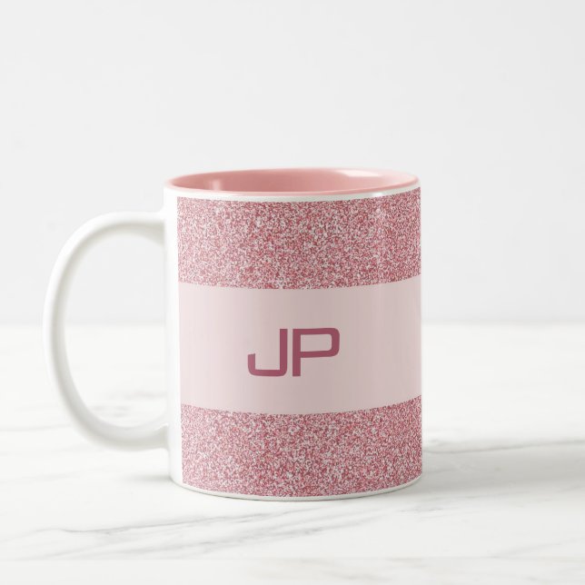 Custom Rose Gold Glitter Monogrammed Template Two-Tone Coffee Mug (Left)