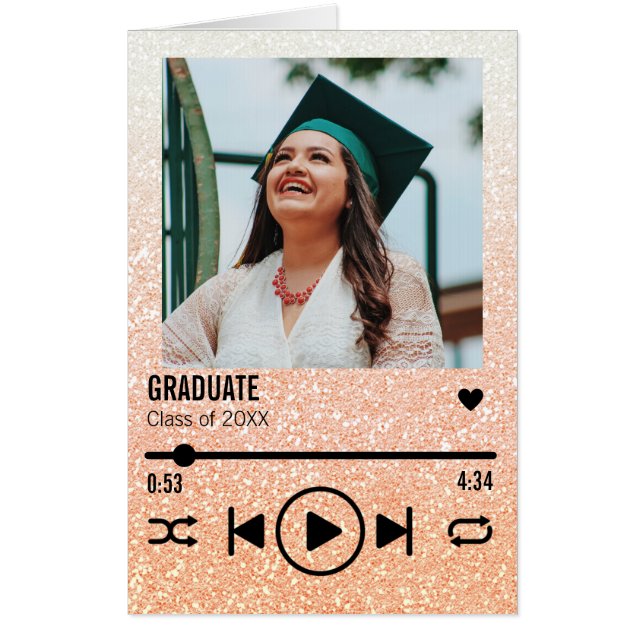 Custom Rose Gold Graduation Photo Song Playlist Card (Front)