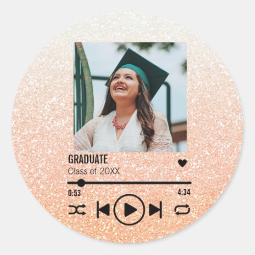 Custom Rose Gold Graduation Photo Song Playlist Classic Round Sticker