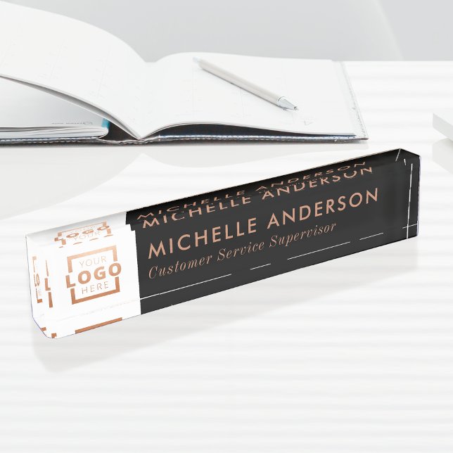 Custom Rose Gold Modern Minimalist Business Logo Desk Name Plate (Creator Uploaded)
