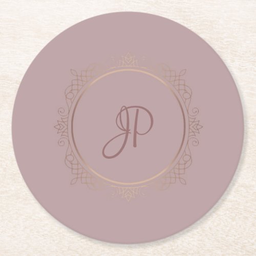 Custom Rose Gold Monogrammed Template Elegant Round Paper Coaster