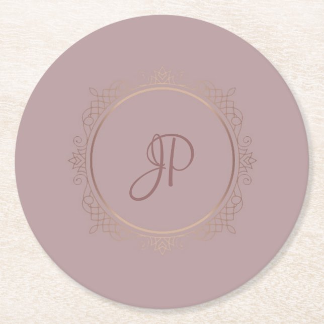 Custom Rose Gold Monogrammed Template Elegant Round Paper Coaster (Front)