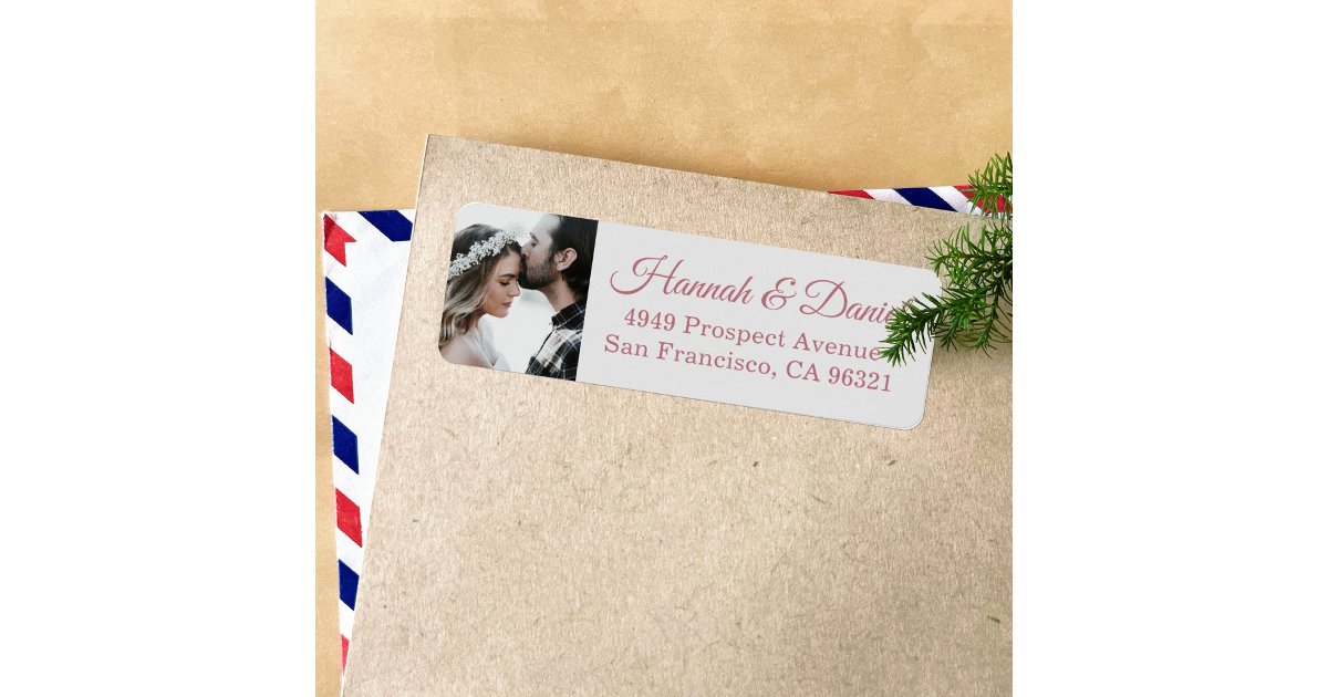 Custom Rose Gold Photo Wedding Return Address Label | Zazzle