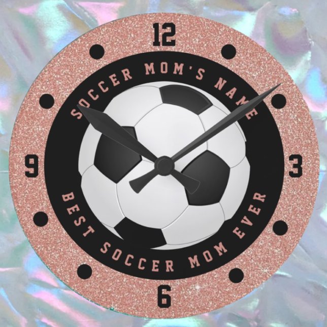 Custom Rose Gold Pink Girls Soccer Ball Soccer Mom Round Clock (Creator Uploaded)