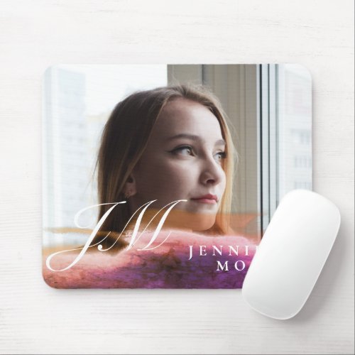 Custom Rose Gold Watercolor Photo Monogrammed Mouse Pad