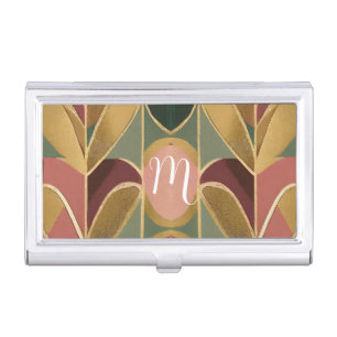 Custom Rose Pink, Gold and Sage Modern Monogram Business Card Case