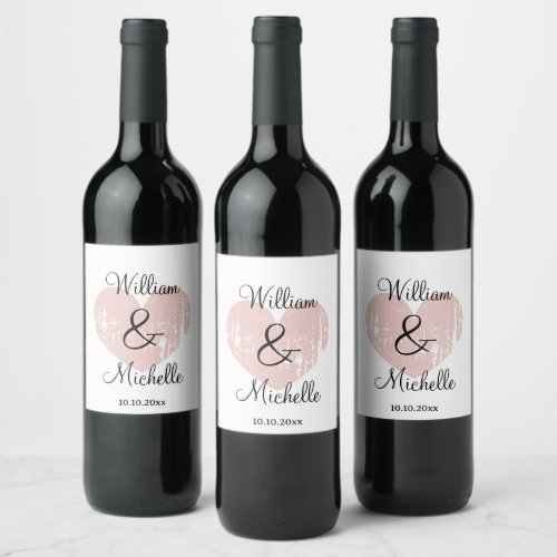 Custom rose pink heart wedding wine bottle labels