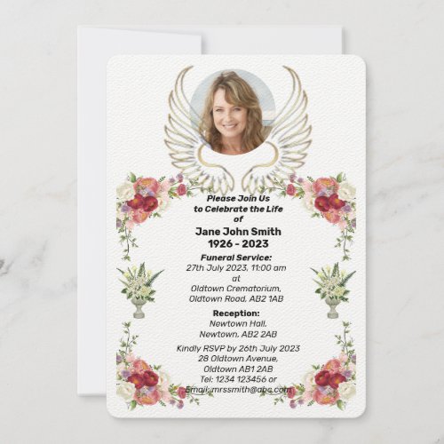 Custom Rose Wings Photo Funeral Invitation