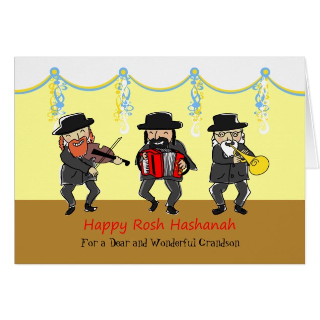 Custom Rosh Hashanah for Grandson, Klezmer Band Cards (Front Horizontal)
