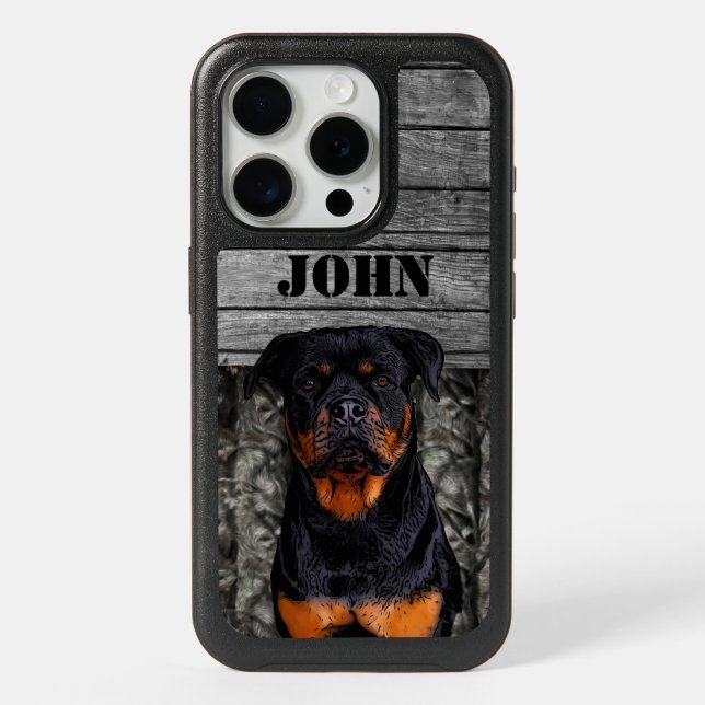 Custom Rottweiler Name Dog Camo Rustic  iPhone 15 Pro Case (Back)