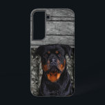 Custom Rottweiler Name Dog Camo Rustic Pet Samsung Galaxy S22 Case<br><div class="desc">Custom Rottweiler dog rustic phone case - This phone case features a faux printed wood board and camo background and a beautiful Rottie dog.</div>