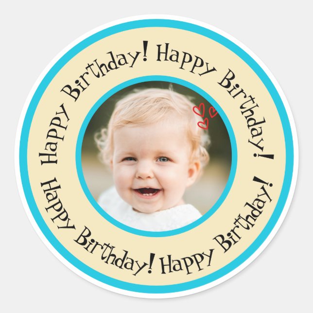 Custom Round Birthday Photo Beige & Turquoise Classic Round Sticker (Front)