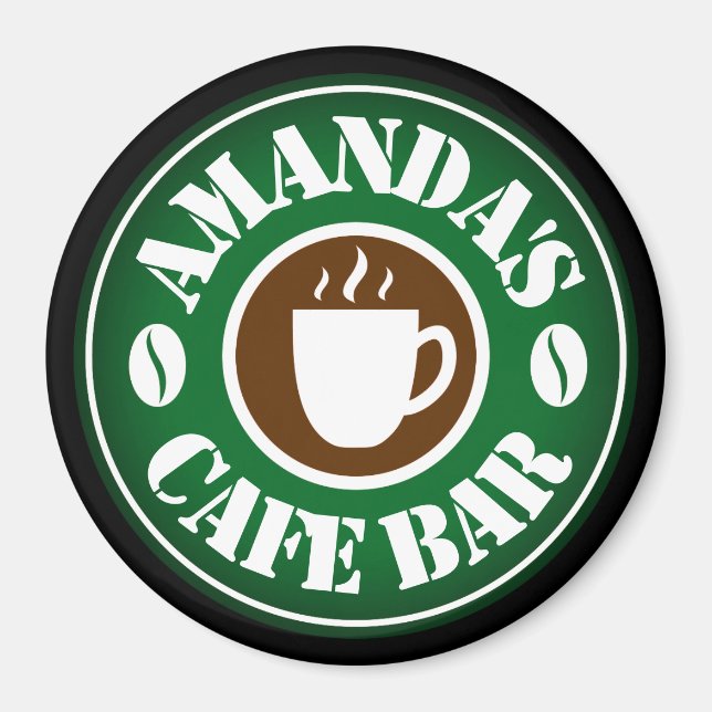 Custom round cafe bar logo magnet for coffee lover (Front)