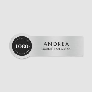 Custom Round Company Logo Metallic Silver Gray Name Tag
