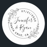 Custom Round Laurel Wreath Wedding Save The Date Classic Round Sticker<br><div class="desc">Create your own unique thank you favors for all your family and friends that joined you on your special day! Add your names, your wedding date, and your wedding location and see your thank you stickers come to life! This design features a simple round frame with two laurel wreath sprigs...</div>