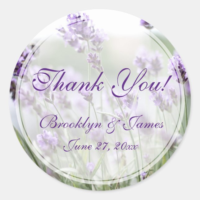 Custom Round Lavender Bohemian Wedding Stickers (Front)