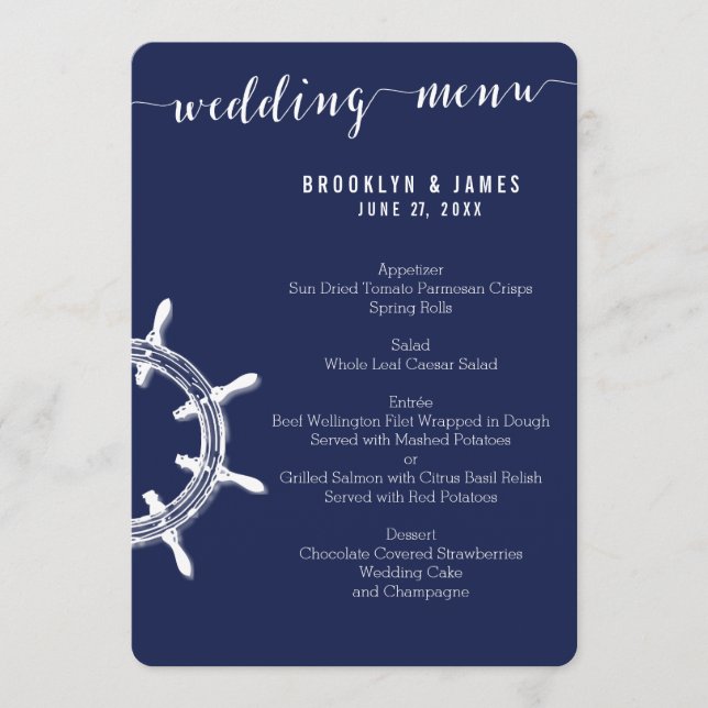 Custom Round Nautical Navy Blue Wedding Menu Wheel (Front)