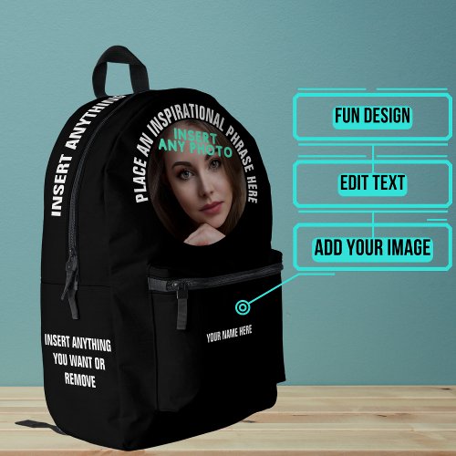 Custom Round Photo and Text Solid Black Printed Backpack