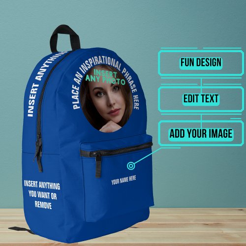 Custom Round Photo and Text Solid Deep Blue Printed Backpack