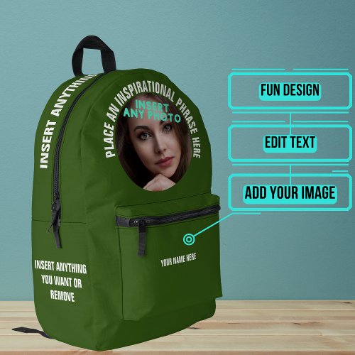Custom Round Photo and Text Solid Forest Green Printed Backpack