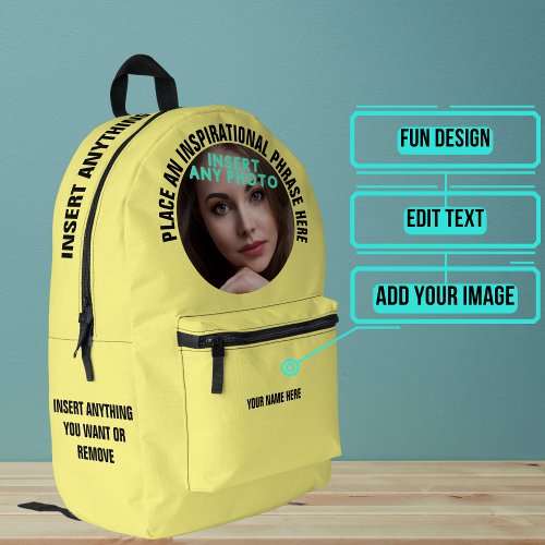 Custom Round Photo and Text Solid Light Yellow Printed Backpack