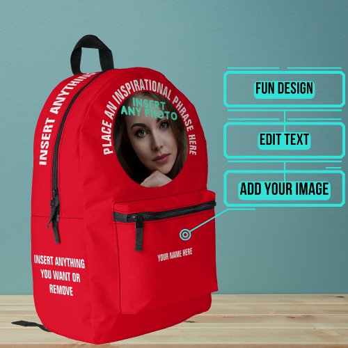 Custom Round Photo and Text Solid Red Printed Backpack