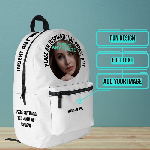 Custom Round Photo and Text Solid White Printed Backpack