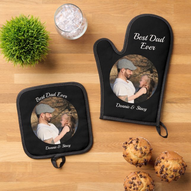 Custom Round Photo Best Dad Ever Your Names Oven Mitt & Pot Holder Set (Top Down)
