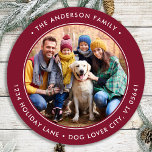 Custom Round Photo Simple Return Address Classic Round Sticker<br><div class="desc">Add the finishing touch to your envelopes, mailings and stationary with these circle custom photo return address labels. Personalized these round return address labels with your favorite photo, pet photo, family photo with dog, names, and address. These modern holiday red return address labels are perfect for the Christmas holiday season....</div>