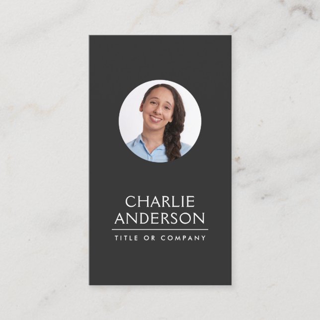 Custom round photo vertical modern dark gray business card (Front)