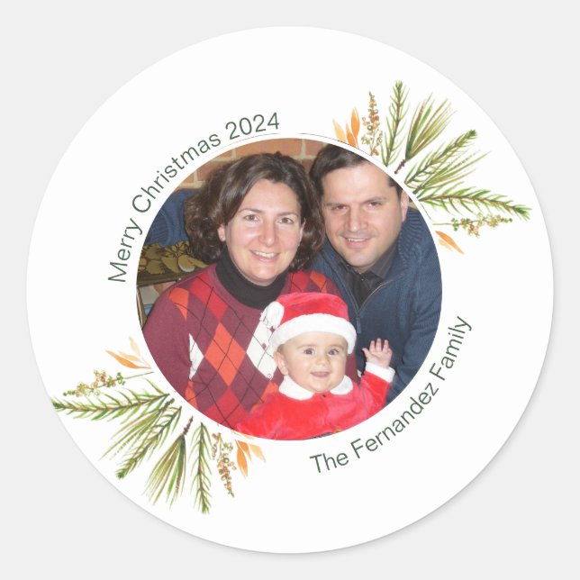 Custom Round Photo Watercolor Greenery Christmas  Classic Round Sticker (Front)