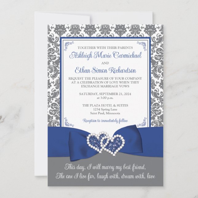 Custom Royal Blue and Gray Wedding Invitation (Front)