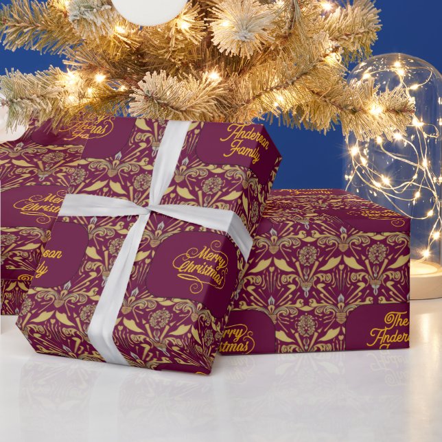 Custom Royal Burgundy & Gold Ornate Luxury  Wrapping Paper (Holidays)