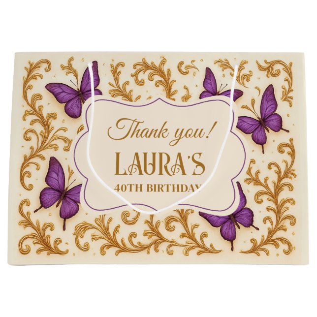 Custom Royal Gold Purple Butterfly Birthday Large Gift Bag (Front)