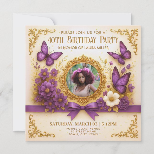 Custom Royal Gold Purple Butterfly Birthday Party Invitation (Front)