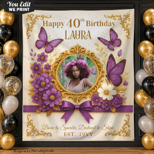 Custom Royal Gold Purple Butterfly Birthday Party Tapestry